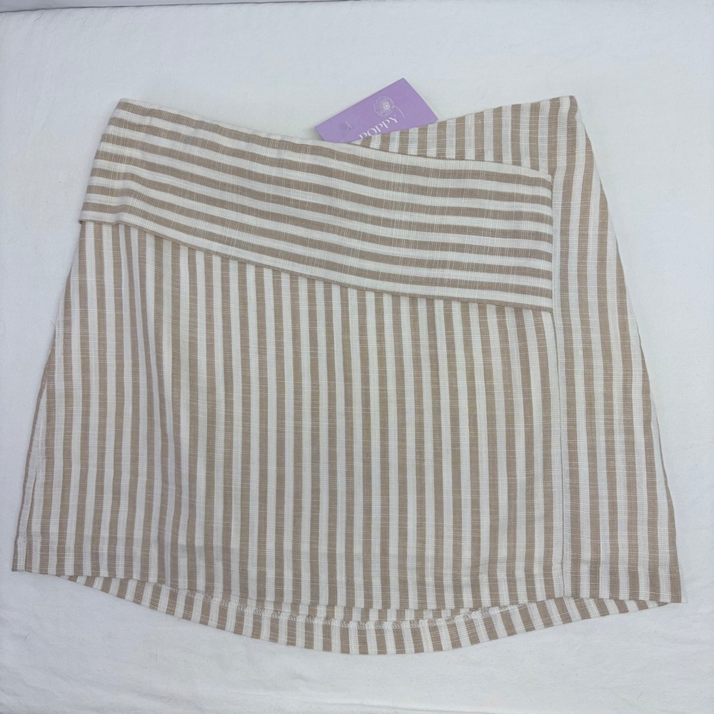 Storia Mini Skirt Womens L Tan White Striped Linen Blend Faux Wrap Coastal